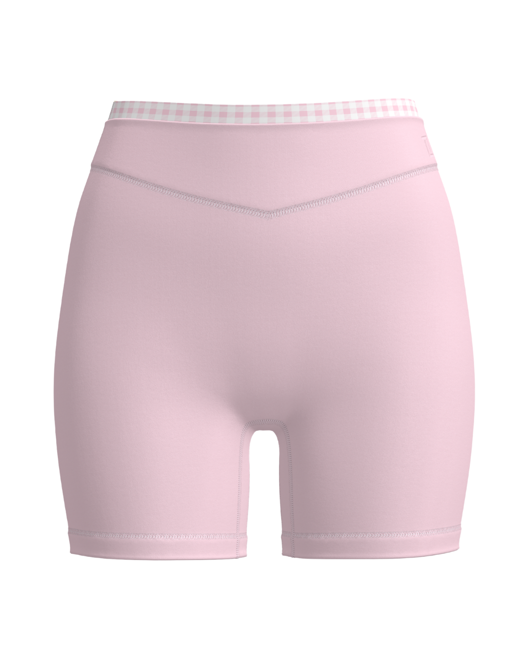 front view of SCL layered sculpt short in soft pink & gingham