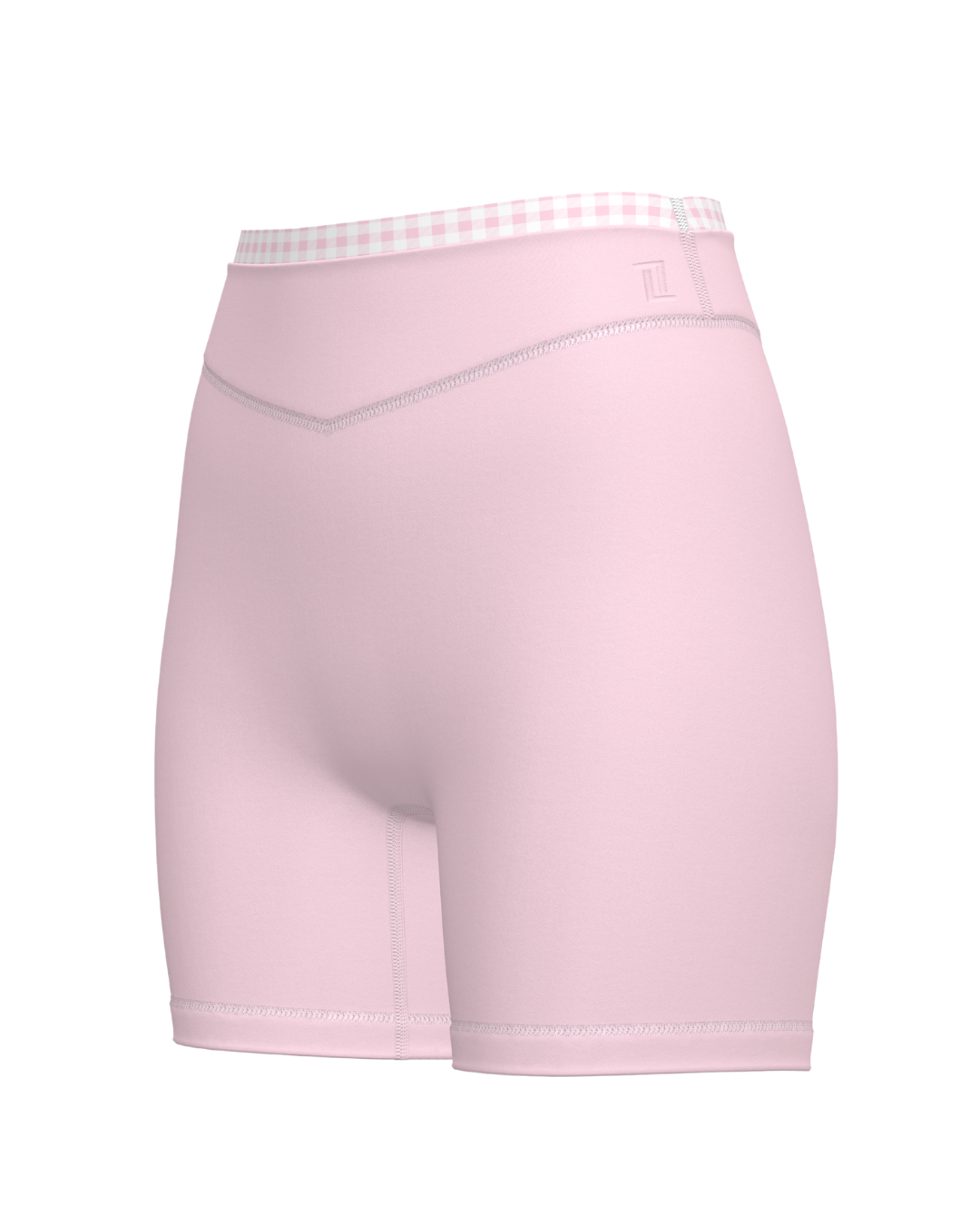 side view of SCL layered sculpt short in soft pink & gingham