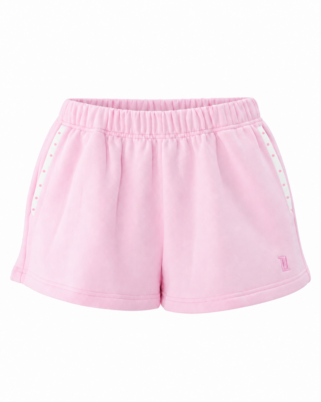 front view of the lounge short in soft pink and white polka dots